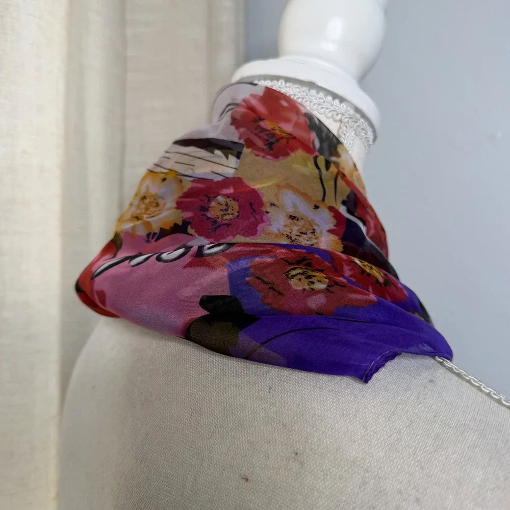 Christian Dior Silk Chiffon Scarf Floral Paris‎ Graphic Purple Italy  66